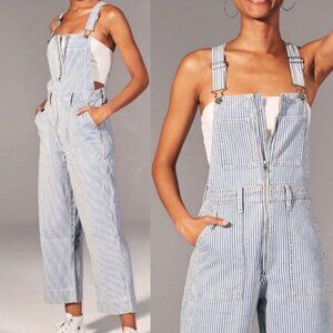 Abercrombie & Fitch Cropped Pinstripe Zip Up Cotton Overalls Blue White Small